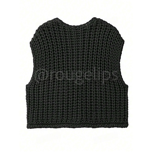 Black Chunky Knit Crop Cardigan Top Vest Yellow Gold Button Up with Pockets - Picture 5 of 6